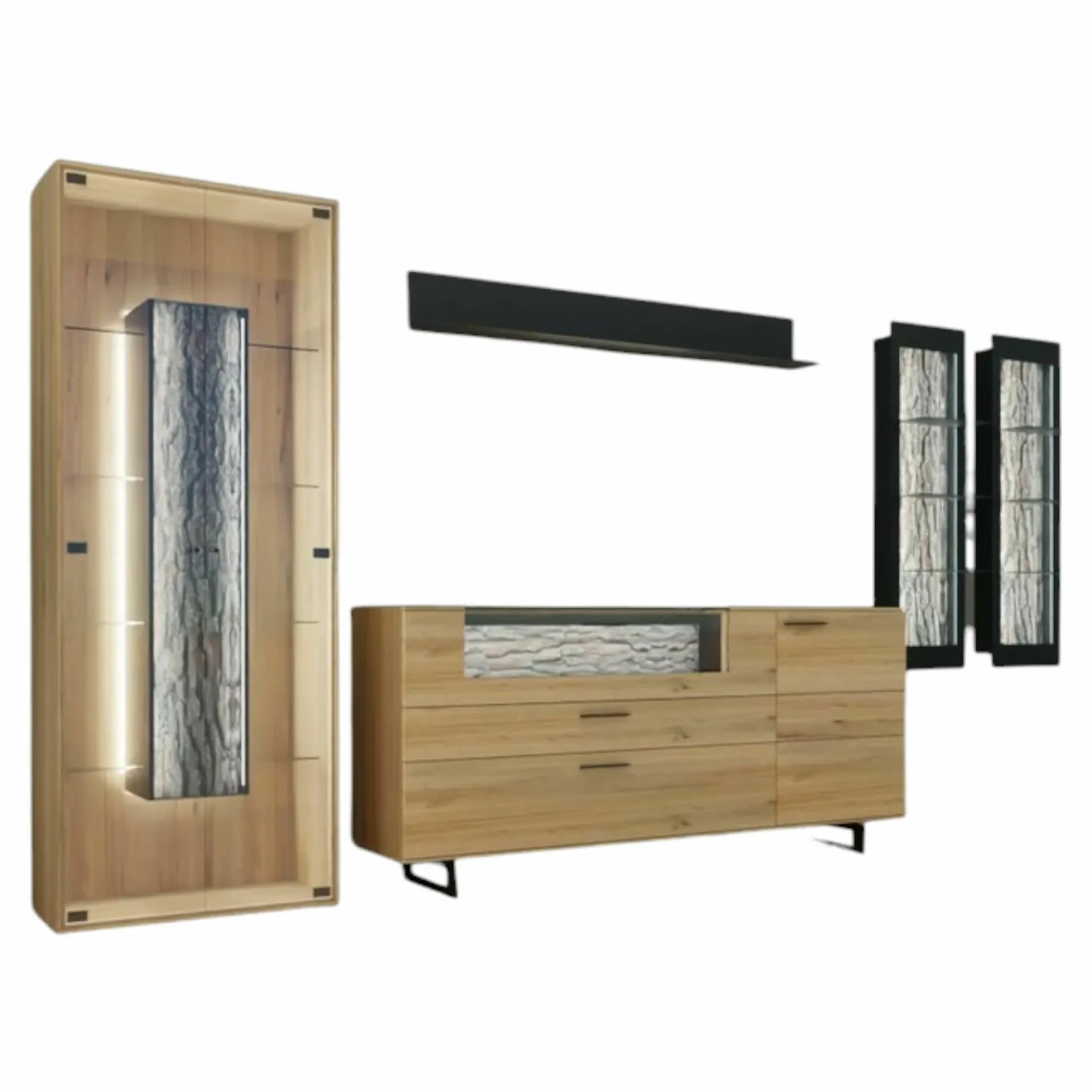 Wohnwand Runa Kerneiche Natur Massiv Gebürstet mit Beleuchtung