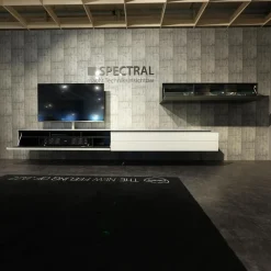 Wohnwand Scala Glasoberfläche Snow Weiß Satiniert Stofffront SF Silber Mit Soundsystem Und Beleuchtung