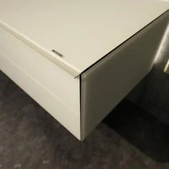 Wohnwand Scala Glasoberfläche Snow Weiß Satiniert Stofffront SF Silber Mit Soundsystem Und Beleuchtung