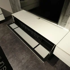 Wohnwand Scala Glasoberfläche Snow Weiß Satiniert Stofffront SF Silber Mit Soundsystem Und Beleuchtung