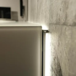 Wohnwand Scala Glasoberfläche Snow Weiß Satiniert Stofffront SF Silber Mit Soundsystem Und Beleuchtung