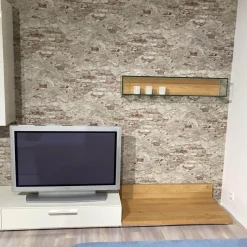 Wohnwand Scalic Lack Weiß Natureiche Lowboard Hängeelement Glas-Hängeelement