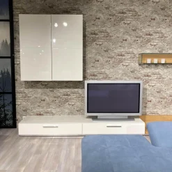 Wohnwand Scalic Lack Weiß Natureiche Lowboard Hängeelement Glas-Hängeelement