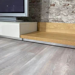 Wohnwand Scalic Lack Weiß Natureiche Lowboard Hängeelement Glas-Hängeelement