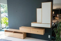 Wohnwand Sigma Eiche 132 Harena Geölt Türen Glas Weiß Satinato