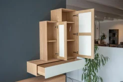 Wohnwand Sigma Eiche 132 Harena Geölt Türen Glas Weiß Satinato