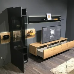 Wohnwand Sigra Lack Anthrazit Seidenmatt Lowboard Eiche Natur