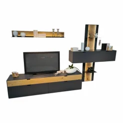 Wohnwand Tucson Front Und Korpus Lack Graphitgrau Grau Akzent Spalteiche Mit Beleuchtung