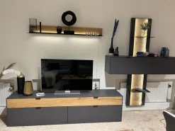 Wohnwand Tucson Lack Graphitgrau Akzent Wildeiche Mit Beleuchtung Und Funkdimmer