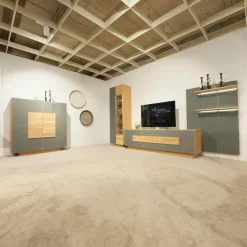 Wohnwand V Montanara Holz Wildeiche Geölt Frontglas Montegrau Mit Beleuchtung