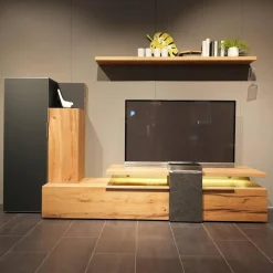 Wohnwand Valpin Eiche Altholz Braun Akzent Colorglas