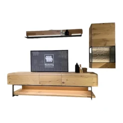 Wohnwand Vcuben Wildeiche Rustico Schwarz Front Parsolglas Grau Gestell Metallteile Anthrazit