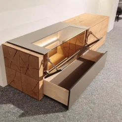 Wohnwand Vera 7210W Kerneiche Umato Massiv Oberfläche Sägegrau Gebürstet Lackiert Applikation Metall Titan Mit Beleuchtung