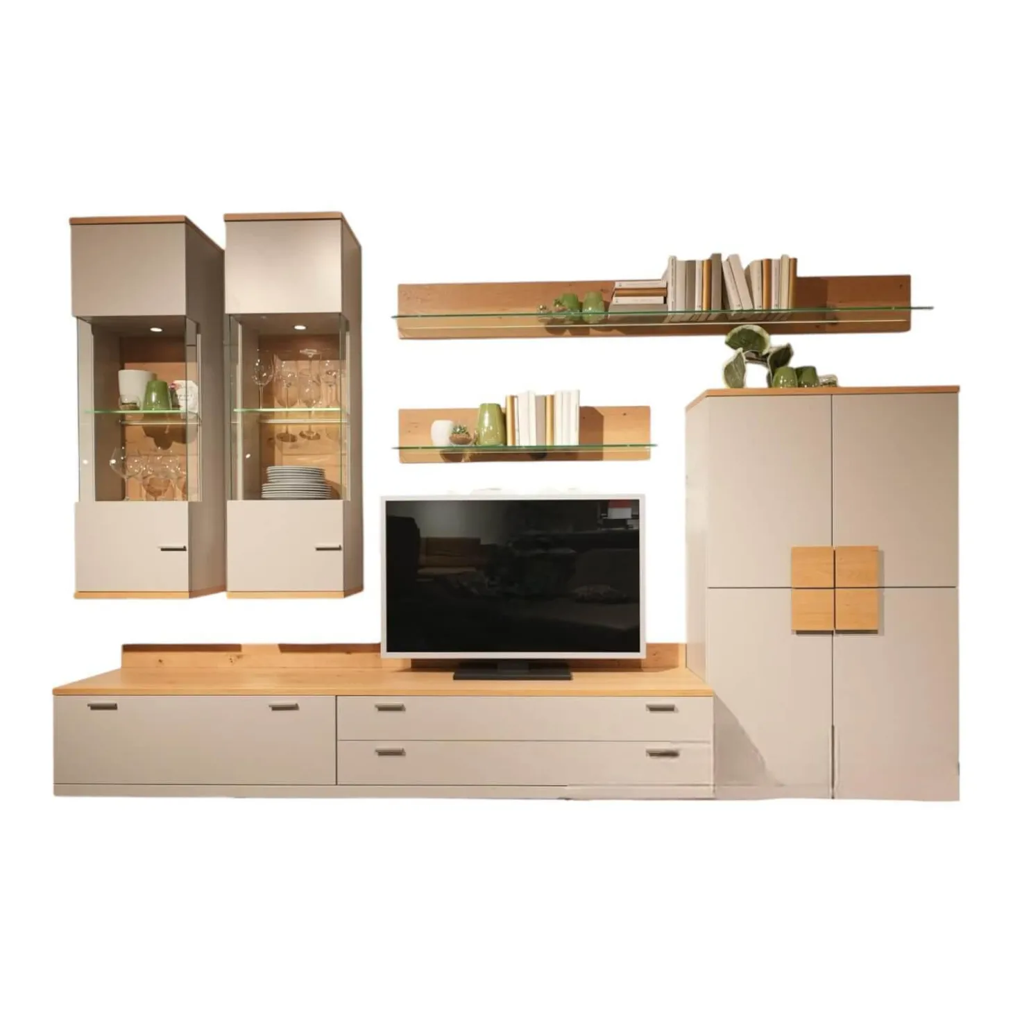 Wohnwand Vienna 35 36011 Lack Grau Akzente Asteiche Griffe Edelstahl Inklusive Beleuchtung