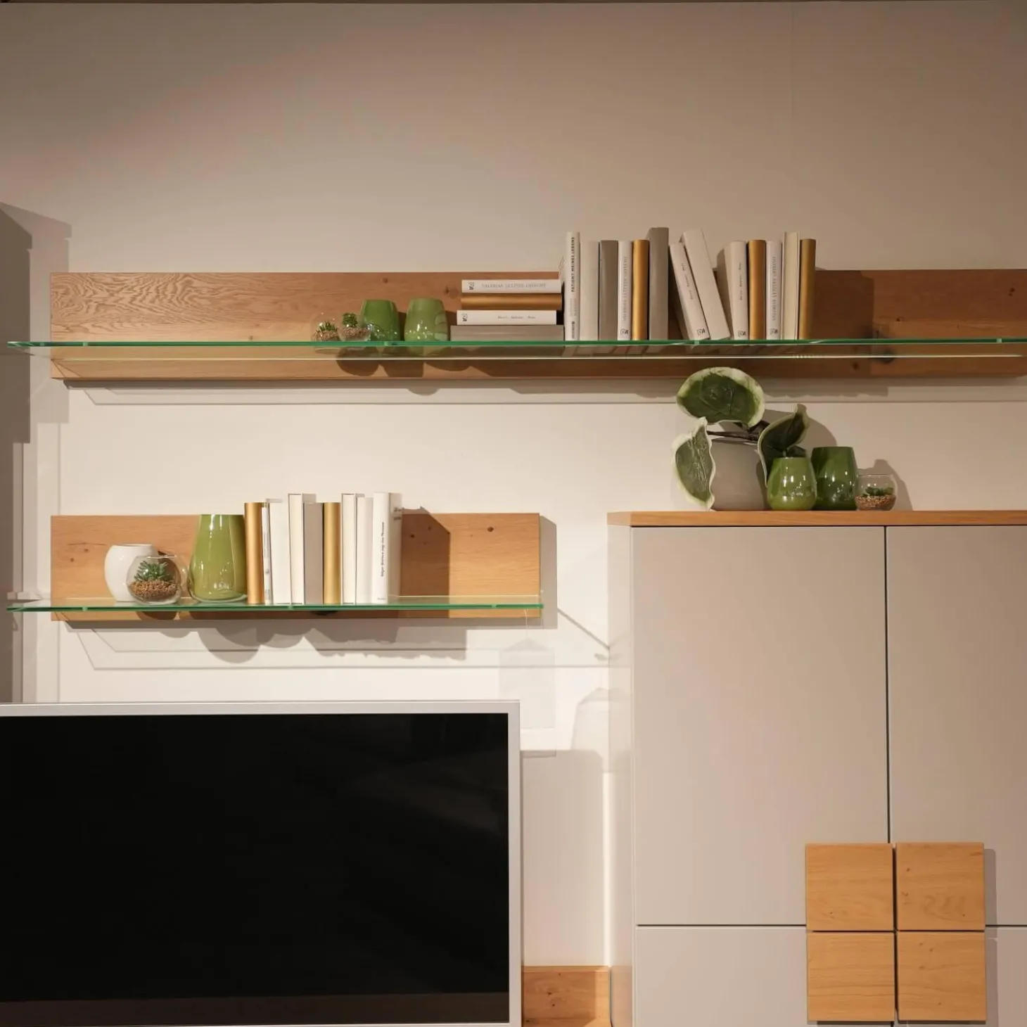 Wohnwand Vienna 35 36011 Lack Grau Akzente Asteiche Griffe Edelstahl Inklusive Beleuchtung