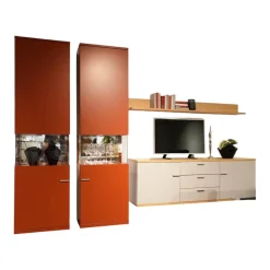 Wohnwand Vienna 35 35009 Lack Ziegelrot Rot Und Lack Grau Inklusive Beleuchtung