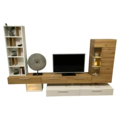 Wohnwand Vivendi Lack Weiß Matt Und Holz Asteiche Mit Glasböden Inklusive Beleuchtung