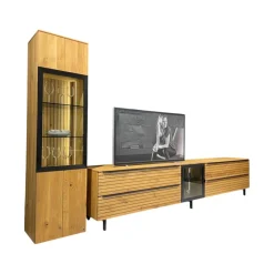 Wohnwand WK 490 Baristo Asteiche Massiv Naturbelassen Geölt Front Rillenoptik Mit LED Beleuchtung