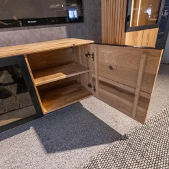 Wohnwand WK 490 Baristo Asteiche Bianco Rillenoptik Glas Anthrazit Inklusive LED Beleuchtung