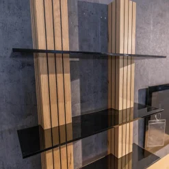 Wohnwand WK 490 Baristo Asteiche Bianco Rillenoptik Glas Anthrazit Inklusive LED Beleuchtung