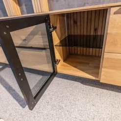 Wohnwand WK 490 Baristo Asteiche Bianco Rillenoptik Glas Anthrazit Inklusive LED Beleuchtung