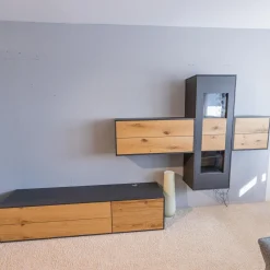 Wohnwand Wk 440 Lavato Und Vitrine 440 Balkeneiche Lack Schiefergrau Grau Matt Inklusive Beleuchtung