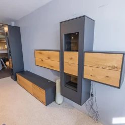 Wohnwand Wk 440 Lavato Und Vitrine 440 Balkeneiche Lack Schiefergrau Grau Matt Inklusive Beleuchtung