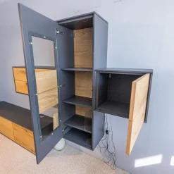 Wohnwand Wk 440 Lavato Und Vitrine 440 Balkeneiche Lack Schiefergrau Grau Matt Inklusive Beleuchtung