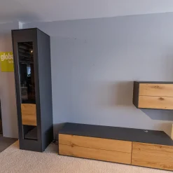 Wohnwand Wk 440 Lavato Und Vitrine 440 Balkeneiche Lack Schiefergrau Grau Matt Inklusive Beleuchtung