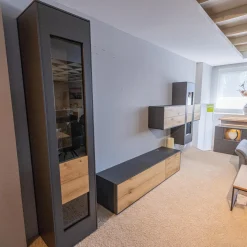 Wohnwand Wk 440 Lavato Und Vitrine 440 Balkeneiche Lack Schiefergrau Grau Matt Inklusive Beleuchtung