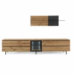 Wohnwand WK490 Baristo V18003 Asteiche Natur Front Mitte aus Farbglas Anthrazit Satiniert